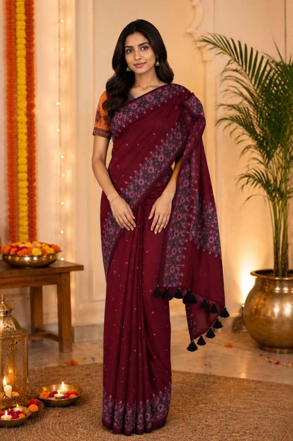 Maroon Half Silk Printed Saree